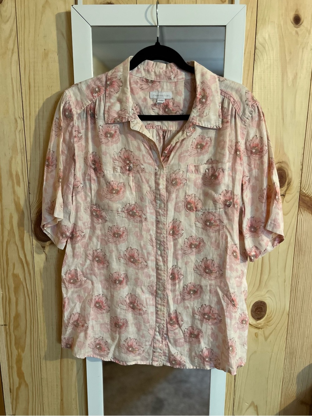 Charter Club 100% Linen Short Sleeve Floral Button Down Shirt